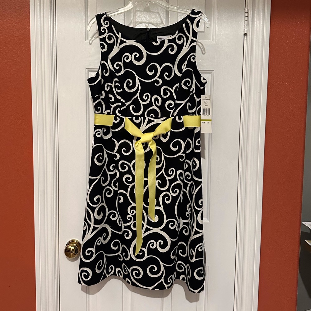 Black and White Swirl Dress with Yellow Accent